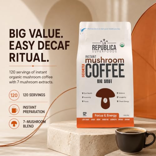 La Republica DECAF Organic Mushroom Coffee (35 Servings) with 7 Superfood Shrooms, Great Tasting Instant Mix Includes Lion's Mane, Reishi, Chaga, Cordyceps, Shiitake, Maitake, and Turkey Tail (Decaffeinated)