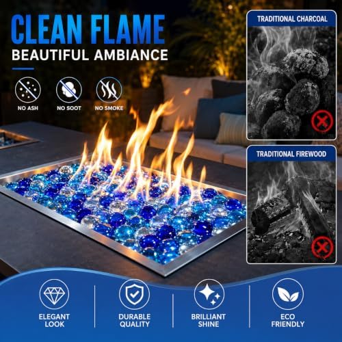 Hisencn Fire Glass Beads for Fire Pit 1/2 Inch, Blended Blue Fire Glass Rocks for Propane Gas Fireplace or Natural