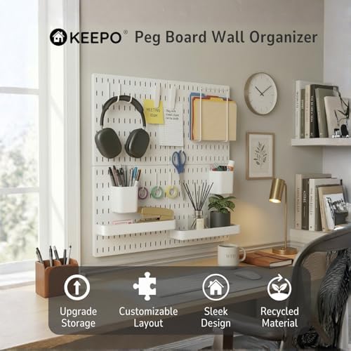 Keepo Peg Board Wall Organizer – Plastic Pegboard Panels, Modular Peg Board Storage System For Home Office, Craft Room, Gaming Setup (White