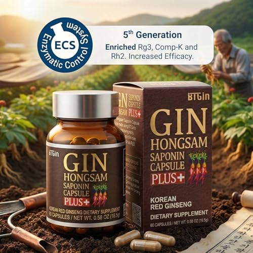 Gin Hongsam Saponin Capsule Plus Korean Red Panax Ginseng Extract - High Rg3 & Compound K Supplement - Caffeine Free Extra Strength Energy
