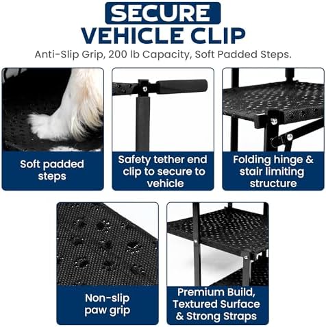 VERALUX 5 Step Foldable Dog Stairs for Large Dogs | Folding & Collapsible Dog Stairs for Car & SUV | Steps for Dogs to Get in Car | XL Lift Harness