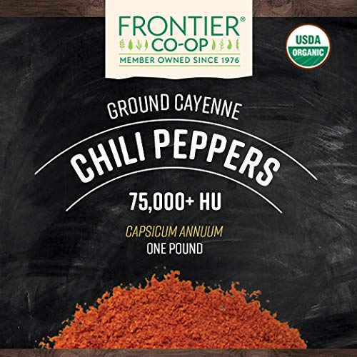 Frontier Co-op Organic Ground Cayenne Chili Peppers, 50,000 HU, Certified Organic, Kosher | 16 Ounce (Pack of 1)