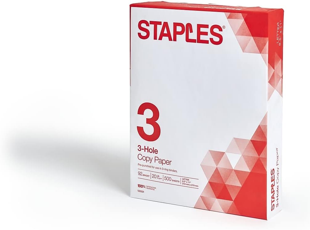 Staples 8.5" x 11" 3-Hole Punched Copy Paper, 20 lbs., 92 Brightness, 500/Ream
