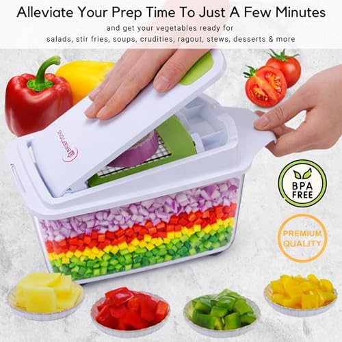 Brieftons QuickPush Manual Vegetable Chopper: 8-Cup Push-Down Onion Dicer & Food Chopper, 3 German Steel Blades