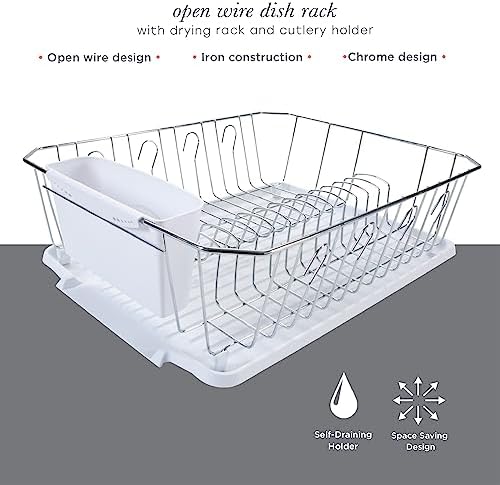Kitchen Details 3 Piece Dish Rack | Drying Rack, Cutlery Basket & Drainboard Tray | Countertop | Self Draining | Open Wire Design | Chrome | White