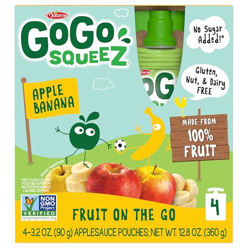 GoGo squeeZ No Sugar Added Applesauce, Apple Apple, 3.2 oz, 48 Count | Kids on the go fruit snack made with applesauce & fruit puree; 3.2 oz pouches, gluten and nut free, recloseable cap, BPA-free