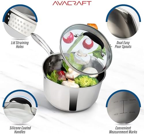 AVACRAFT 2.5 Quart Stainless Steel Saucepan with Glass Strainer Lid | 18/10 Stainless Steel, 5-Ply Capsule Base, Dual Pour Spouts, Induction Compatible, Ergonomic Handle, Dishwasher Safe