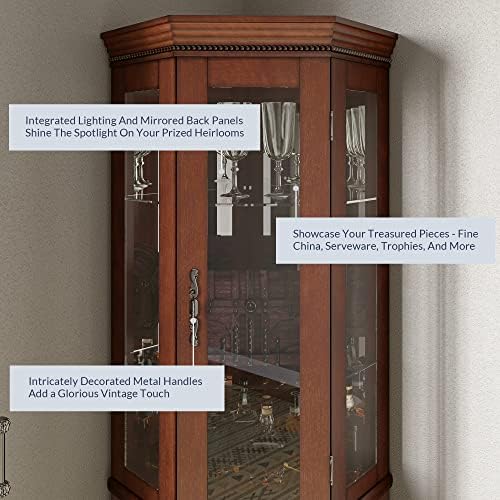 BELLEZE Lighted Wooden Corner Display Curio Cabinet, Two Section Shelving Unit with Tempered Glass Door