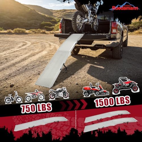 Ruedamann 7.5FT Aluminum Motorcycle Ramp, 750 lbs Capacity, 1 PC | Folding Truck Ramp for ATV, Motorcycle, Lawn Mower, Bike Ramp for Truck, Anti-Slip Loading Ramp for Dirt Bike