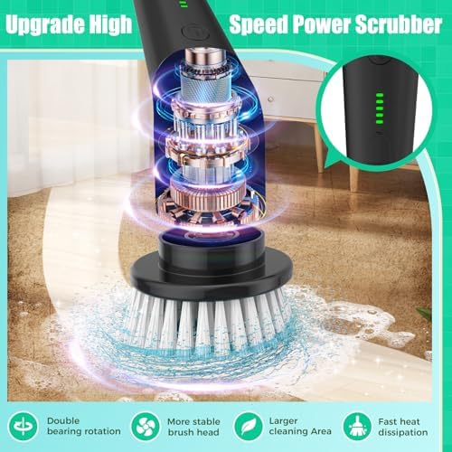 YKYI Electric Spin Scrubber, Cordless Power Cleaning Brush with Long Handle | 8 Brush Heads, 3 Handle Lengths, 2 Speeds, IPX7 Waterproof
