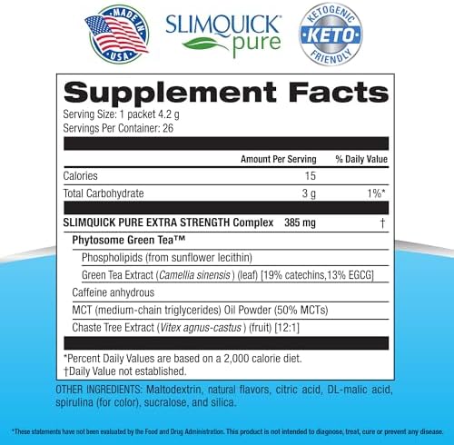 Slimquick Pure 3x Extra Strength Mixed Berry Drink Mix for Women to Help Achieve Weight Goals, Helps Metabolism, Keeps Full for Longer with Green Tea, Caffeine, Chaste Tree, Rhodiola Extract, 26 Count