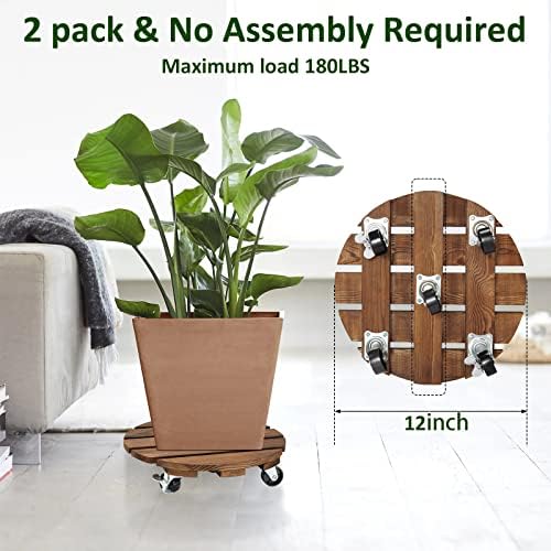 Yangbaga 2pack Plant Caddy 12’’Wood Duty Rolling Plant Stand with 2 360° Lockable Caster Wheels