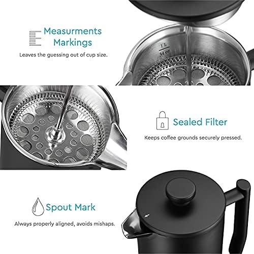French Press Coffee Maker - 50oz Stainless Steel, Insulated Coffee Press | Large 6 Cup 50oz Capacity, Double Wall Keeps Coffee Hot, 4 Level Filter for Ground Free Coffee, 2 Extra Filters, Matte Black
