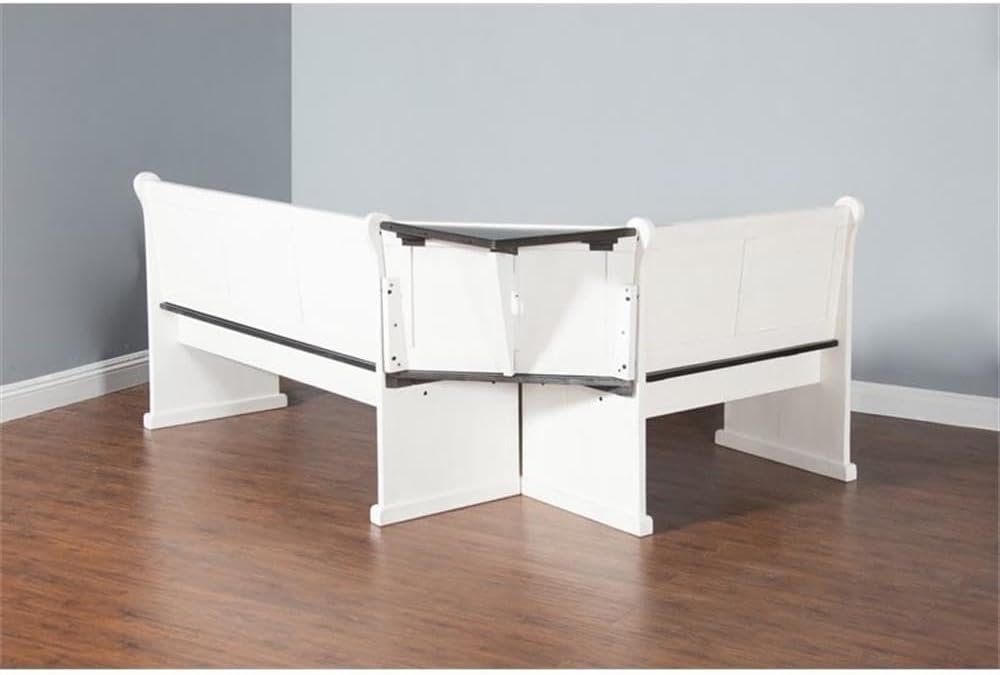 Carriage House Wood Breakfast Nook Set, Off White and Dark Brown Finish, Mahogany Base, Hidden Storage Benches, Reversible Design