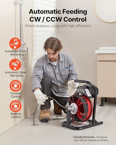 VEVOR Drain Cleaner Machine 75 FT x 3/8 Inch, Sewer Snake Auger Manual Feed with 4 Cutters & Air-activated Foot Switch for 2" to 4" Pipes