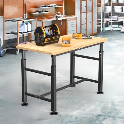 TORACK Adjustable Workbench with Rubberwood Top, Rolling 32x18 in Worktable | Height adjustable 28"–38", heavy-duty garage workbench with Wheels, up to 1000 lbs