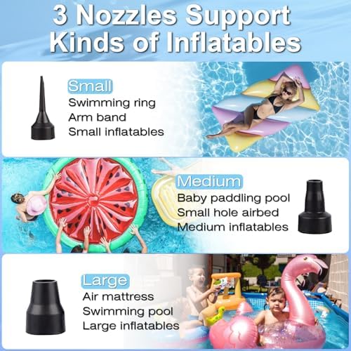 Electric Air Pump for Inflatables, Battery Powered Wireless Air Pump for Mattress with 3 Nozzles