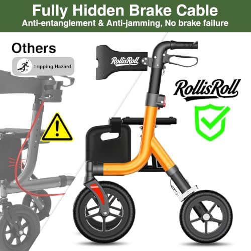 Walkers for Seniors, Rollator Walker with Seat, 10" Big Rubber Wheels All Terrain Rolling Walker, Lightweight Foldable Rollator Walker, Built-in Cable, Reinforced Aluminum Frame, Orange