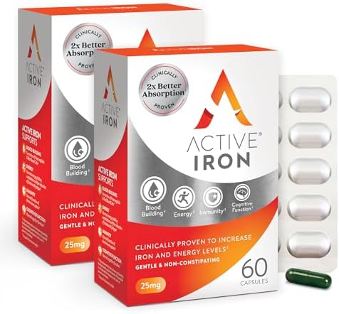 Active Iron Supplement 25mg, Clinically Proven to Increase Iron, Gentle | Optimum Absorption Iron Pills, Increases Energy Levels, Non-Constipating, Avoids Nausea, 60 On-the-Go Foil Protected Capsules