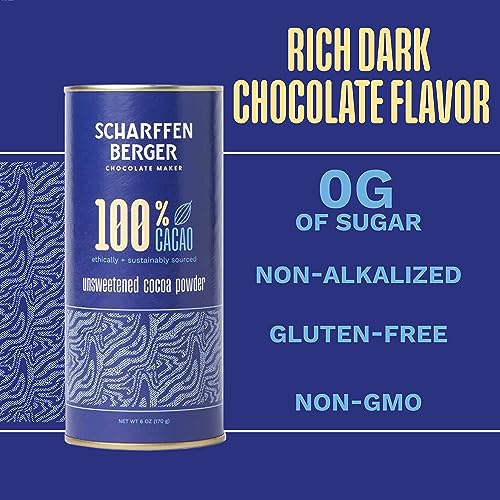 Scharffen Berger 100% Cacao Unsweetened Dark Chocolate Cocoa Powder (6 Ounce, Pack of 1) - Gluten Free, Non GMO, Natural Chocolate Powder