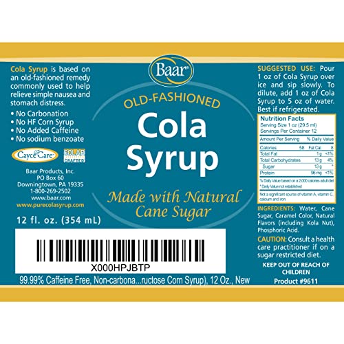 Baar Caffeine-Free Cola Syrup with Pure Cane Sugar, 12 oz | Non-Carbonated Cola Syrup, No High Fructose Corn Syrup, Made with Pure Cane Sugar for Mixing Drinks and Recipes