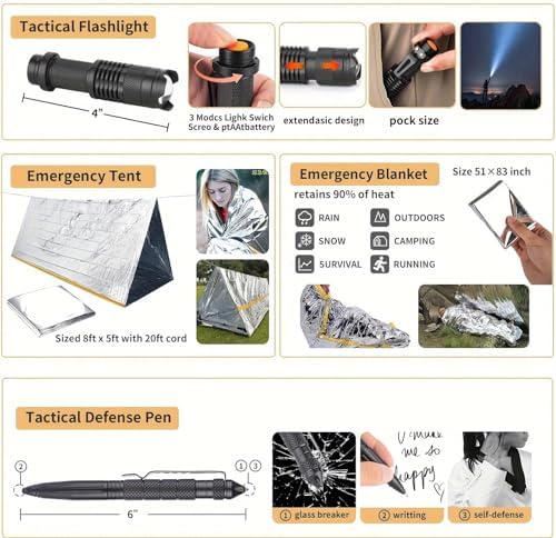 Survival Kit, 252Pcs Survival Gear First Aid Kit with Molle System Compatible Bag and Emergency Tent, Emergency Kit for Earthquake, Outdoor Adventure