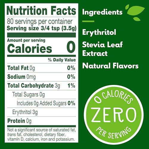 Truvia, Sweetener Natural Calorie Free, 9.8 Ounce | Spoonable jar; 3/4 tsp = 2 tsp sugar; stevia leaf, erythritol; non-GMO, gluten-free, kosher; diabetic & keto
