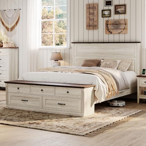 LINSY Storage Bed Frame Queen Bedframe with Drawers, Farmhouse Bed Frame Queen-Size with Headboard and Footboard Bench