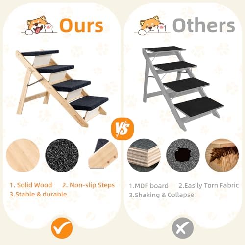 MEWANG Wood Pet Stairs & Ramp for Small/Medium Dogs & Cats, Aging Pets – 2-in-1 Foldable, Portable, Non-Slip Pet Ladder for Tall Beds, Couches