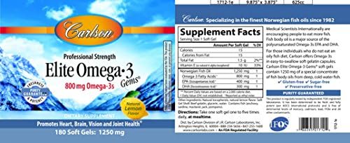 Carlson Elite Omega-3 Gems, 1600 mg, from Norway, Lemon, 90 + 30 Softgels | Omega-3 Fatty Acids Including EPA and DHA; Wild-Caught Fish Oil Supplement; Sustainably Sourced Omega 3 Fish Oil Capsules