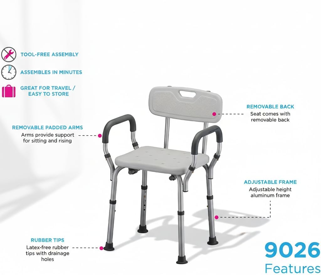 NOVA Bath Seat with Padded Removable Arms & Back, Shower Chair for Seniors, 300 lb Capacity, Adjustable Height 16"–21", Tool-Free Assembly