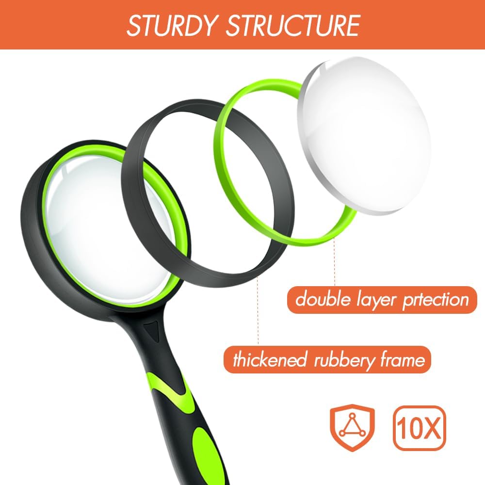 Leffis 3 Pack Magnifying Glass, 10X Reading Magnifier for Kids and Seniors