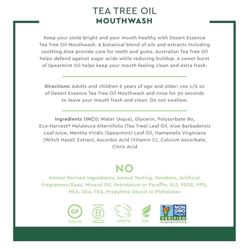 Desert Essence Tea Tree Oil Mouthwash, Alcohol Free, Spearmint, 16 fl oz | Sugar-free botanical formula with aloe