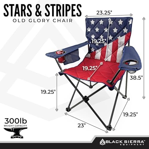 Black Sierra Quilted Padded Camping Chair, Oversized Heavy Duty Outdoor Lounge Seat Supports 300 lbs, Portable, Folding with Cup Holder for Beach, Tailgating, Sports, Patio
