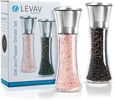 Levav Premium Salt and Pepper Grinder Set of 2- Brushed Stainless Steel Pepper Mill and Salt Mil, Glass Body