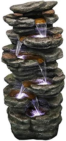 PeterIvan Outdoor Relaxing Waterfall - 6-Tier Fountain with 6 LED Lights, Stone-Liking Resin for Patio, Garden, House&Office (40.6in, Grey)
