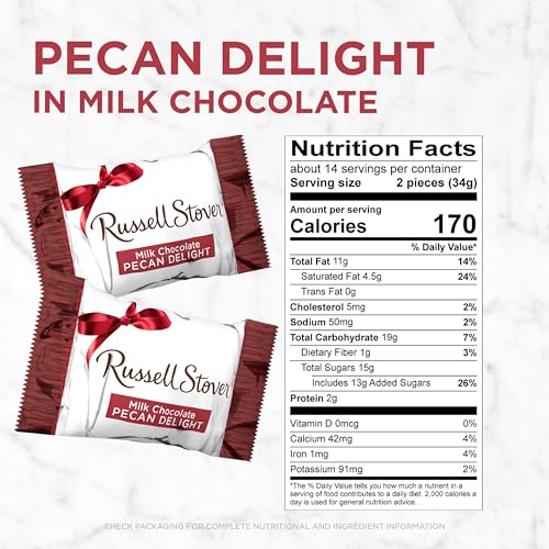 Russell Stover Pecan Delight Gusset Bag 16.10 Ounce Russel Stover Milk Chocolate Covered Candy Pack, Crunchy Pecans and Buttery Caramel Covered In Sweet Milk Chocolate Candy, Individually Wrapped | Individually Wrapped Pieces, Crunchy Pecans, Buttery Car…