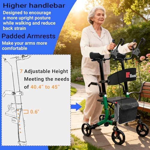 Aliseniors Upright Walker for Seniors - Big Stand Up Walker with Wide Seat, Foldable 4 Wheel All-Terrain Rolling Walker, Adjustable Armrests, 300lbs, Improves Posture & Reduces Back Strain | 20.6" Wide Seat, Foldable Rollator, 8" All-Terrain Wheels, Adju…