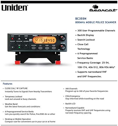 Uniden BC355N 300-Channel Base/Mobile Scanner, Close Call Capture, Pre-programmed Search Bands, NOAA Weather, Aviation, Marine, Railroad, NASCAR