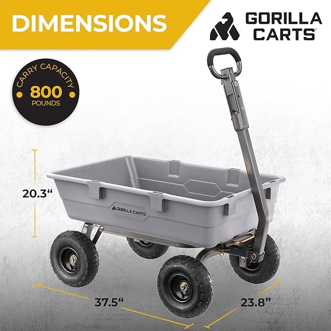 Gorilla Carts Poly Garden Dump Garden Cart with Easy to Assemble Steel Frame, Camping Wagon with Quick Release System, 1200 Pound Capacity, and 13 Inch Tires | 1,200-lb Capacity, 6 Cu Ft Tub Poly Dump Cart with Quick-Release Dump for Bigger Yard Cleanup…