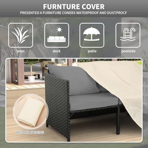 Valita 3-Piece Outdoor PE Rattan Furniture Set Patio Black Wicker Conversation Loveseat Sofa Sectional Couch Khaki Cushion