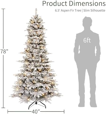 Puleo International 7.5ft Pre-Lit Slim Flocked Aspen Fir Christmas Tree with 450 Clear Lights, 1016 Realistic Dense Snow Flocked Branch Tips, Easy Setup Artificial Trees with Sturdy Metal Stand