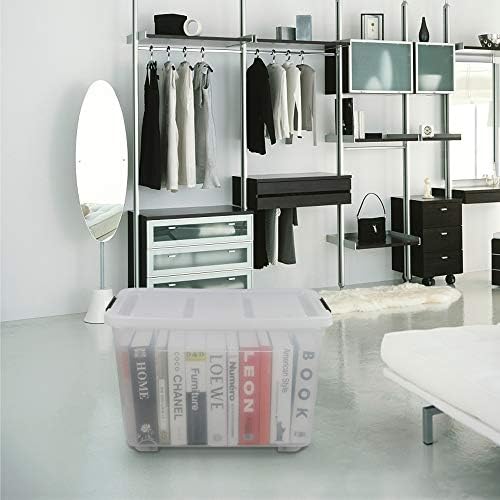 Clear Plastic Storage Bins with Wheels, 4-Pack Latch Boxes, 30 L