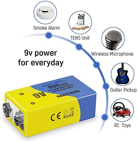 9v Rechargeable Batteries, Lithium-ion 9 Volt Battery Capacity 800mAh 7200mWh,3 Pack with Quick Charger