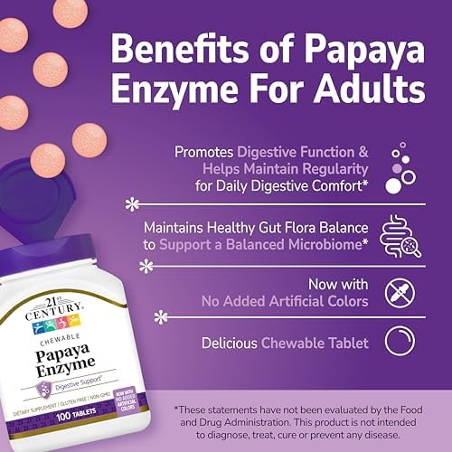 21st Century Papaya Enzyme Chewables for Digestion, Tropical, 100 Count | Papaya & Pineapple Digestive Enzymes with Bromelain & Papain, Digestive Comfort & Gut Health, Gluten Free, Non-GMO