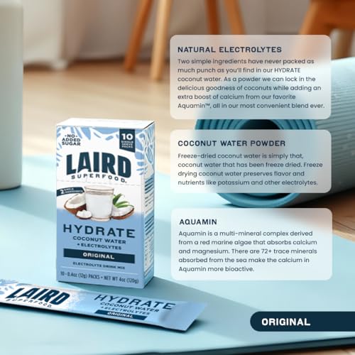 Laird Superfood HYDRATE Coconut Water Powder Drink Supplement with Coconut Water and Auqamin, All Natural, No Added Sugars, Gluten-Free, Non-GMO, Vegan, 8 oz. Bag, Pack of 1