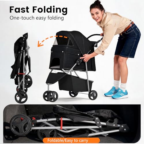BestPet | 3-Wheel Pet Stroller | Dog and Cat Stroller | Breathable Mesh | Lightweight Travel Carrier | Waterproof & Foldable Design | Storage Basket | Black | for Daily Walks & Outdoor Use | Breathable Mesh | Lightweight, Waterproof Travel Carrier with C…