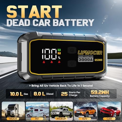 GS300 Car Jump Starter, 3000A Portable Battery Jumper Starter for Up to 10.0L Gas & 8.0L Diesel Engines, 59.2WH 12V Jump Box with Storage Case