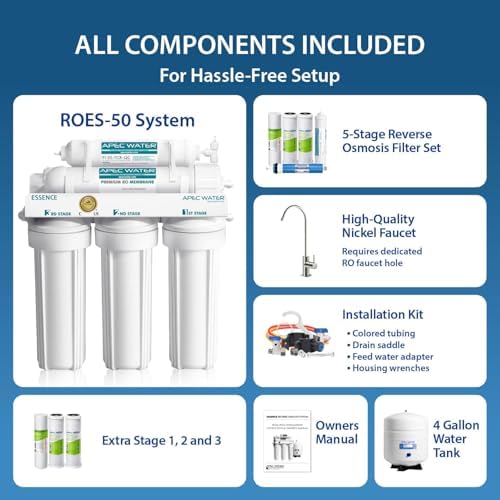APEC Water ROES-50, 5-Stage Under Sink Reverse Osmosis System, 50 GPD | NSF Certified 372 & 58, Reduces 99% of Impurities, DIY Installation