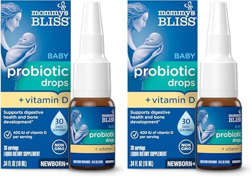 Mommy's Bliss Baby Probiotics + Vitamin D Drops, Supports Digestive Health & Immune Function*, 400IU Vitamin D , Supports Bone Development*, Newborns+, Flavorless, 0.34 Fl Oz (30 Servings)